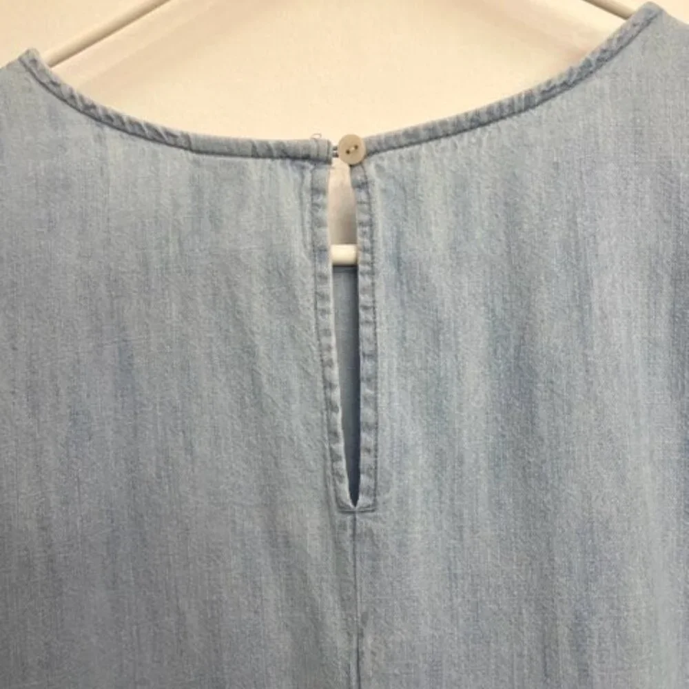 Old Navy Blue Denim Chambray Dress Women's Sz L Puff Sleeve Tiered Cotton - Picture 4 of 6